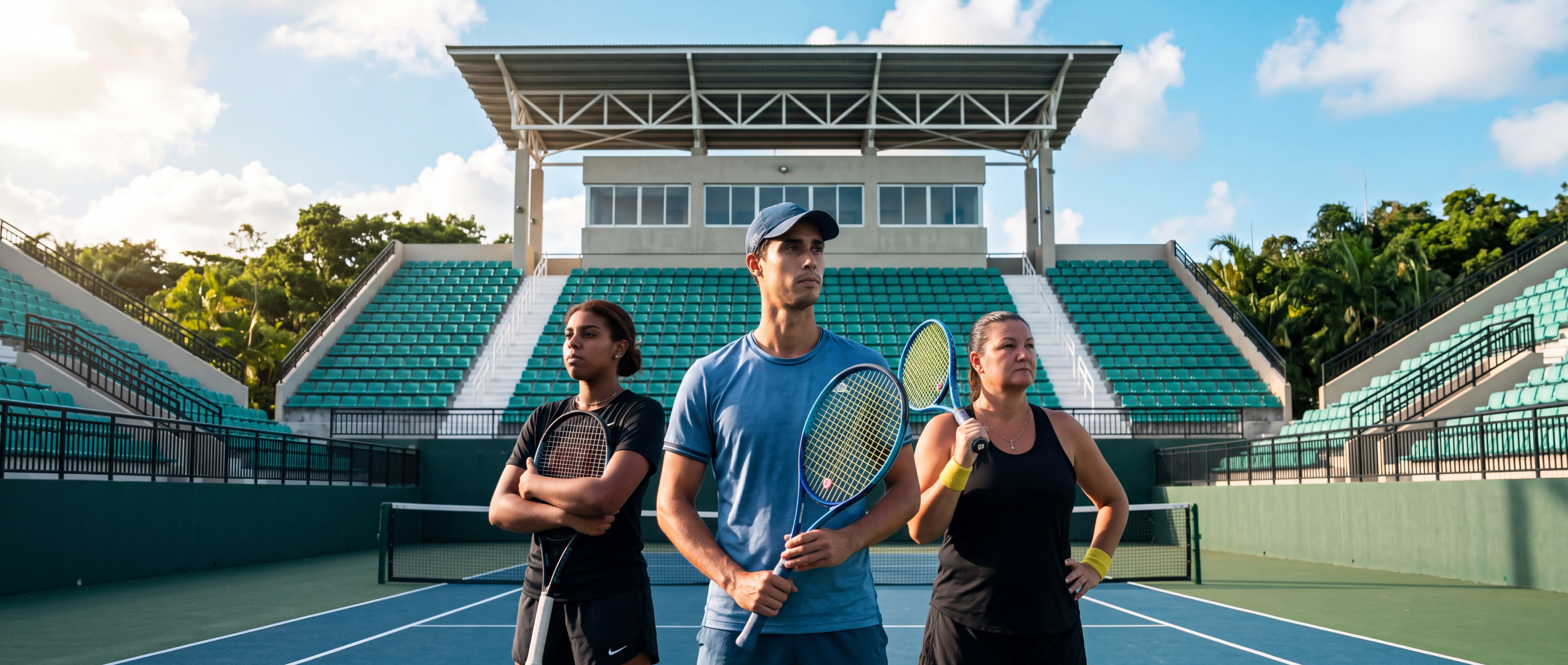 Tres jugadores de tenis de pie en la cancha, listos para competir.